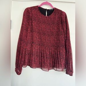 Zara Red Leopard Pleated Blouse - Size Small
